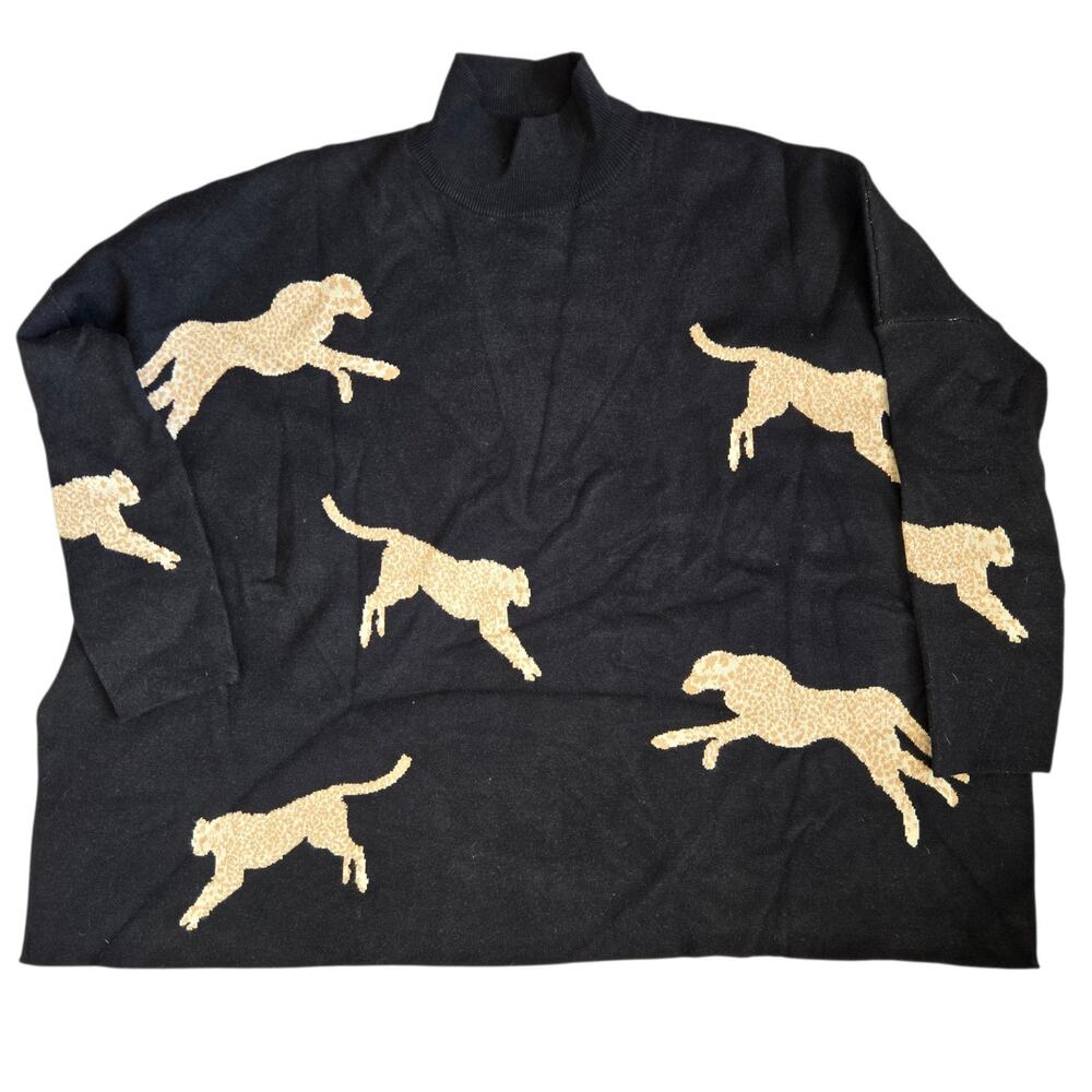 Entro Oversized Cheetah Sweater Black Mock Neck Novelty Animals Women Small